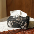 New Chinese style brocade fabric tissue box with embroidered white plum pattern and pearl buckle detail