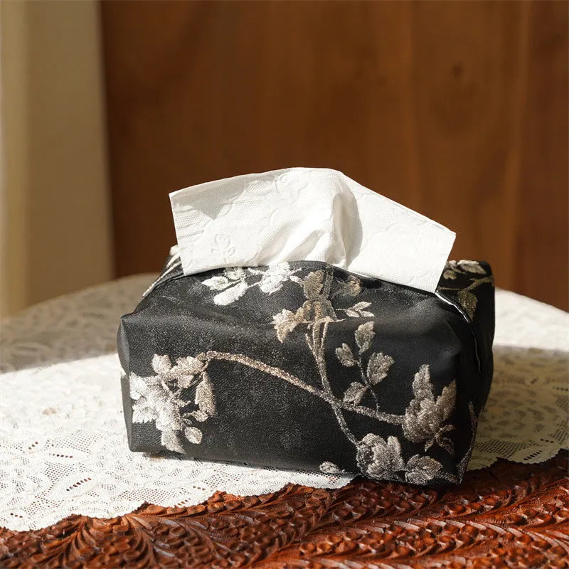 New Chinese style brocade fabric tissue box with embroidered white plum pattern and pearl buckle detail