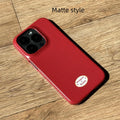 iPhone 15 Pro Max phone case with red and orange plaid design on glossy and frosted feilin shells.