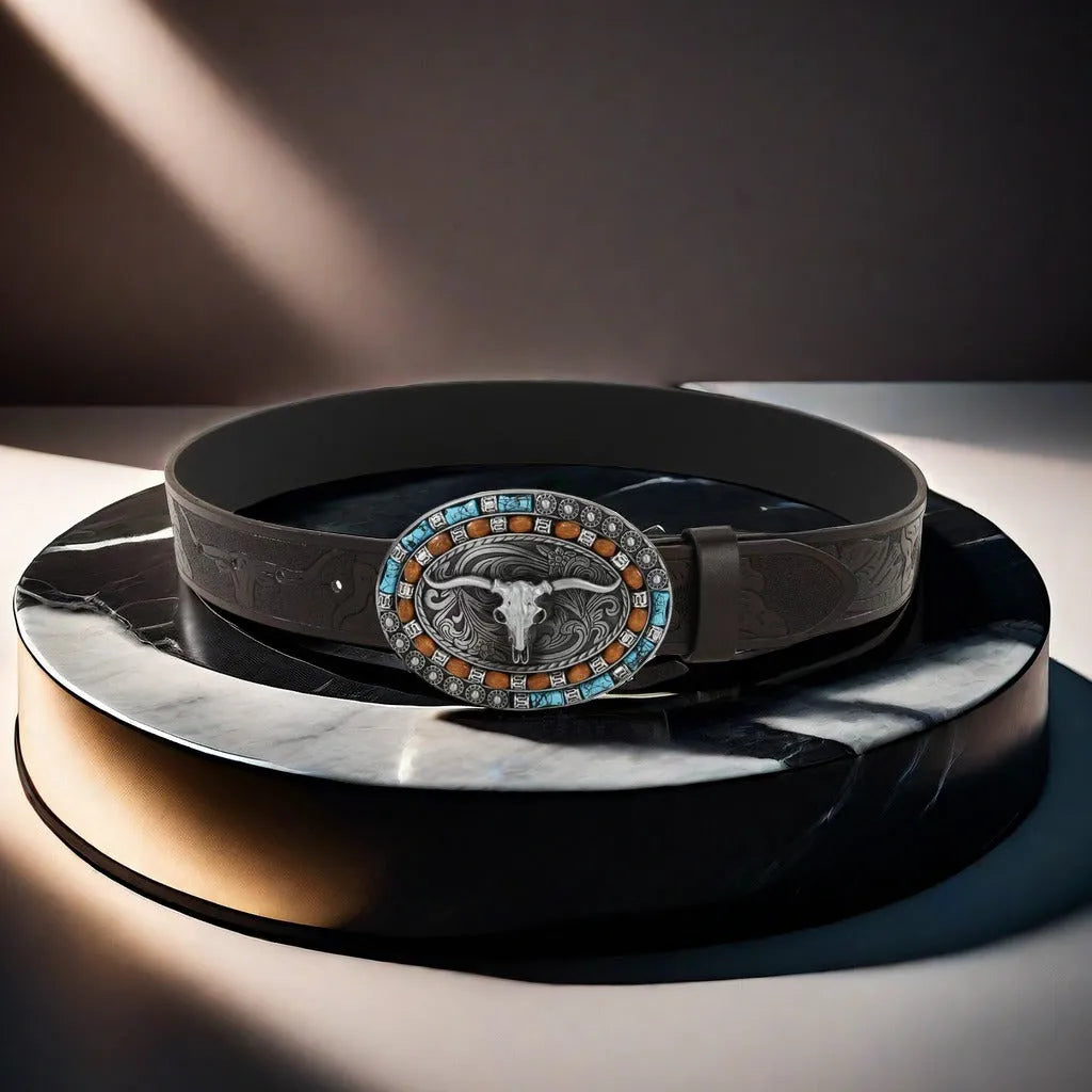 Men's belt with detailed cow head alloy buckle on imitation leather strap with pin buckle fastening