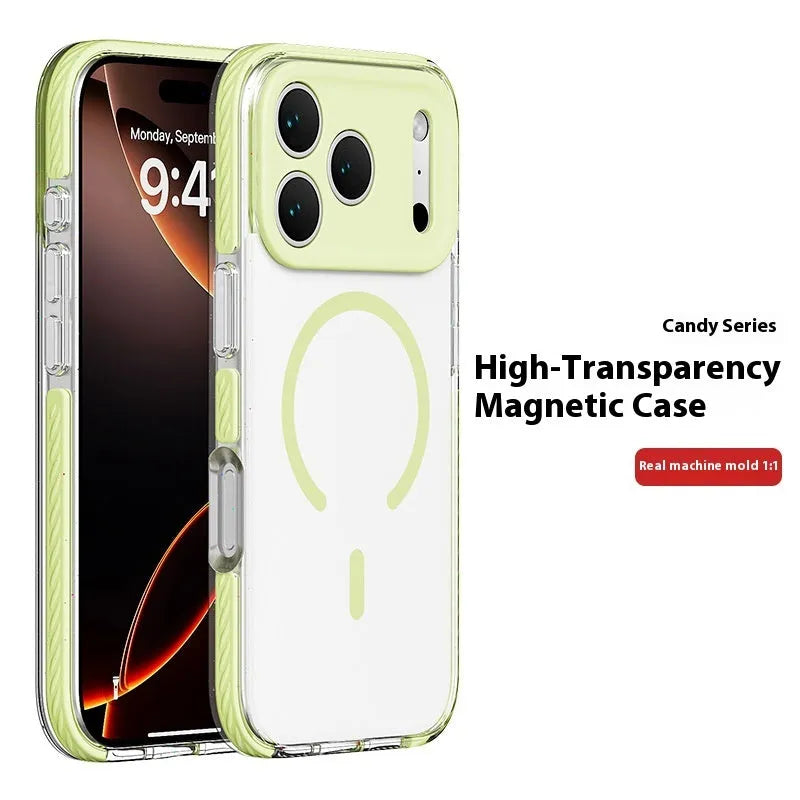 Transparent magnetic iPhone protective case in candy green colour showing front and back view