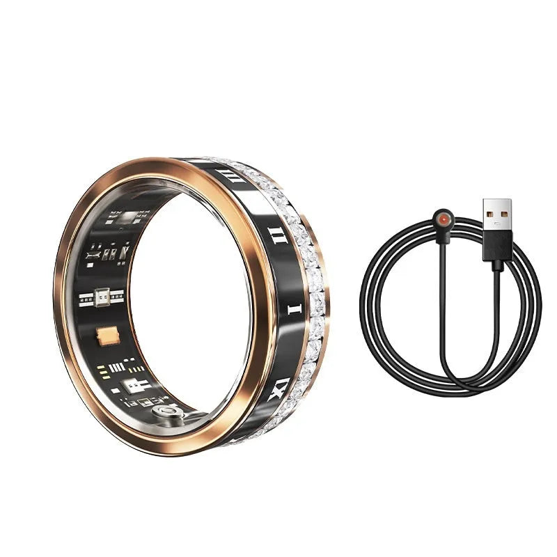 Diamond inlaid smart ring in silver and gold colours showing health monitoring capabilities