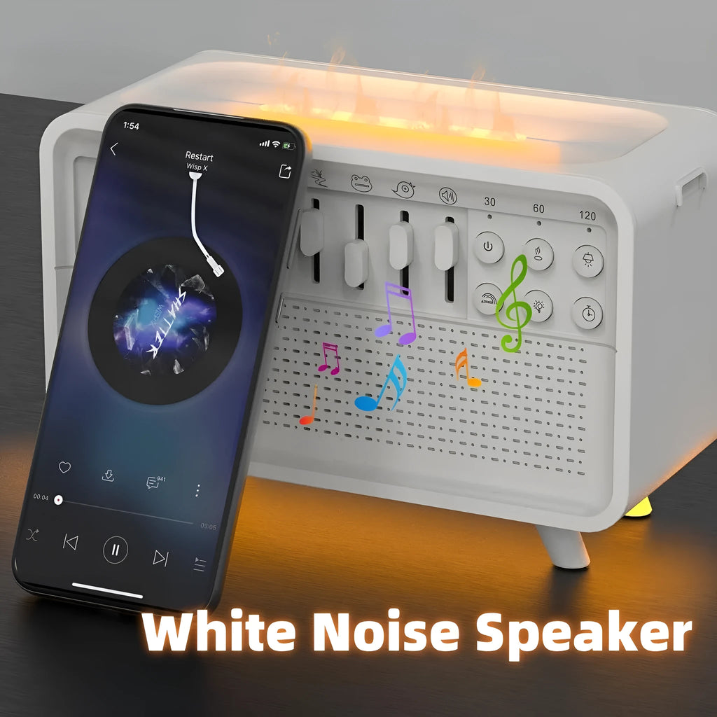 White geometric 3-in-1 Bluetooth speaker with white noise, humidifier, and night light functions.
