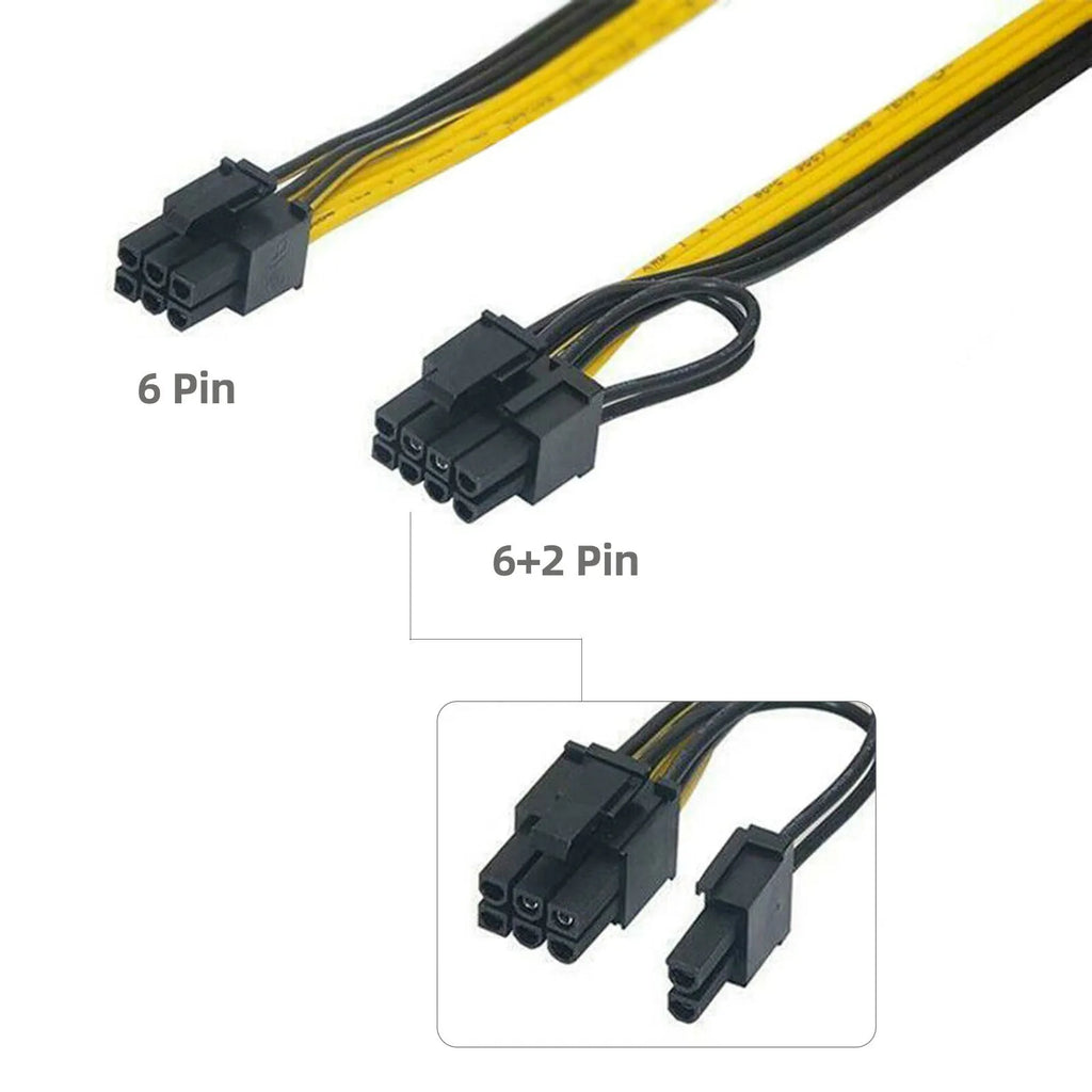 Yellow 70cm 6pin to dual 8pin graphics card power cable with plastic insulation on white background
