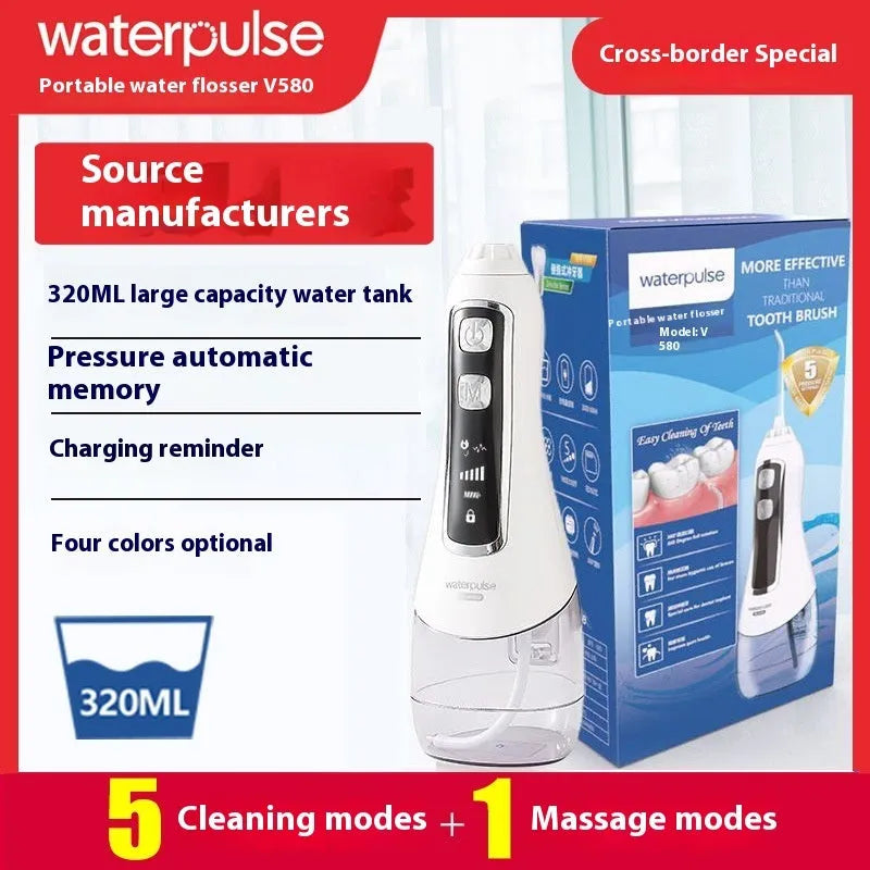 V580 portable electric water toothpick dental irrigator in white, black, blue, and purple colours