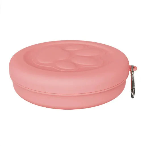 Portable plastic dog feeding bowl with integrated snack box compartment in light green colour