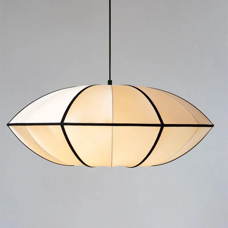 Japanese retro ceiling light in fabric and alloy, 40cm diameter milky white with black edge, warm light