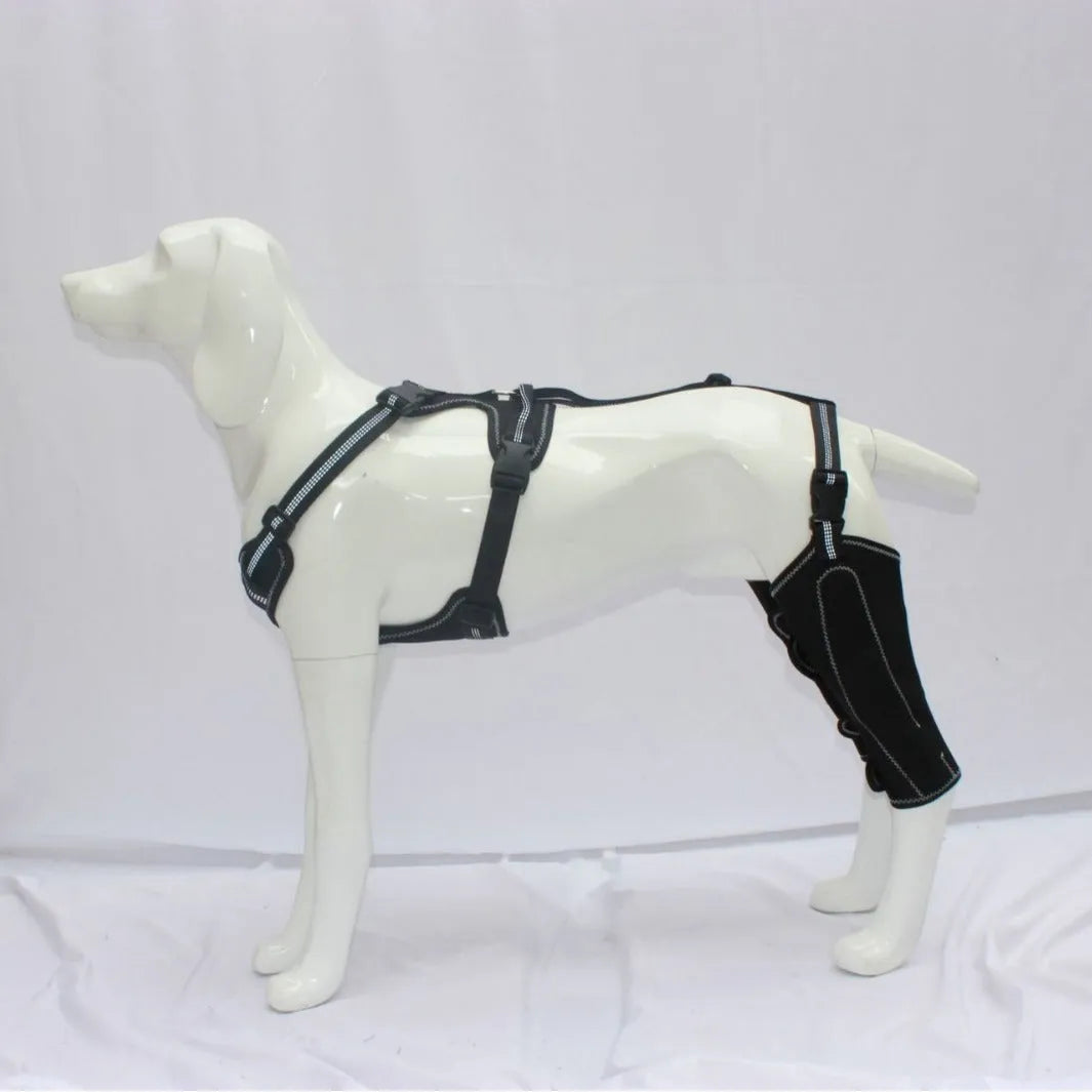Black dog thigh protective sleeve with adjustable metal support for postoperative leg protection