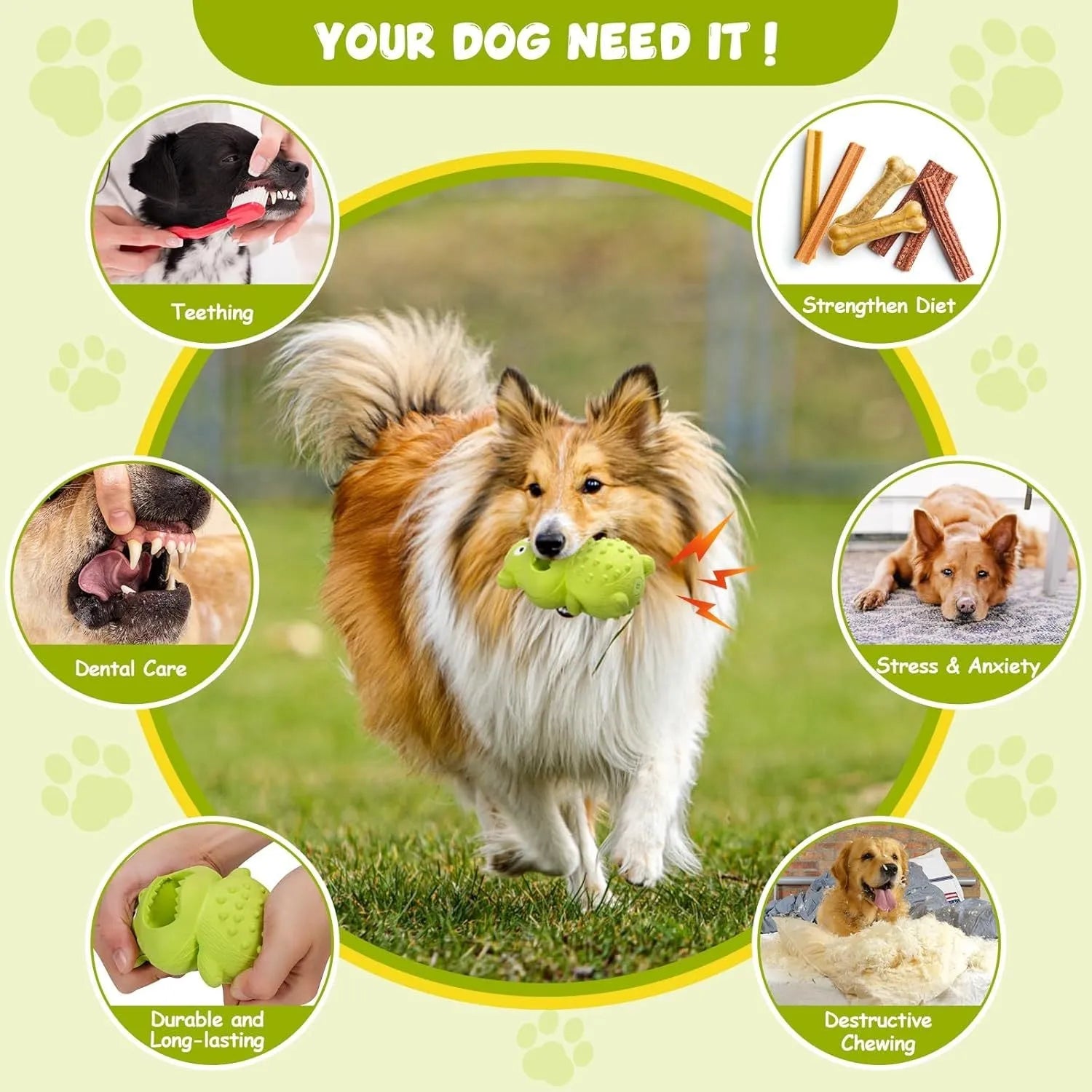 Green and yellow thick natural rubber dog chew toy for aggressive chewers with squeaker.