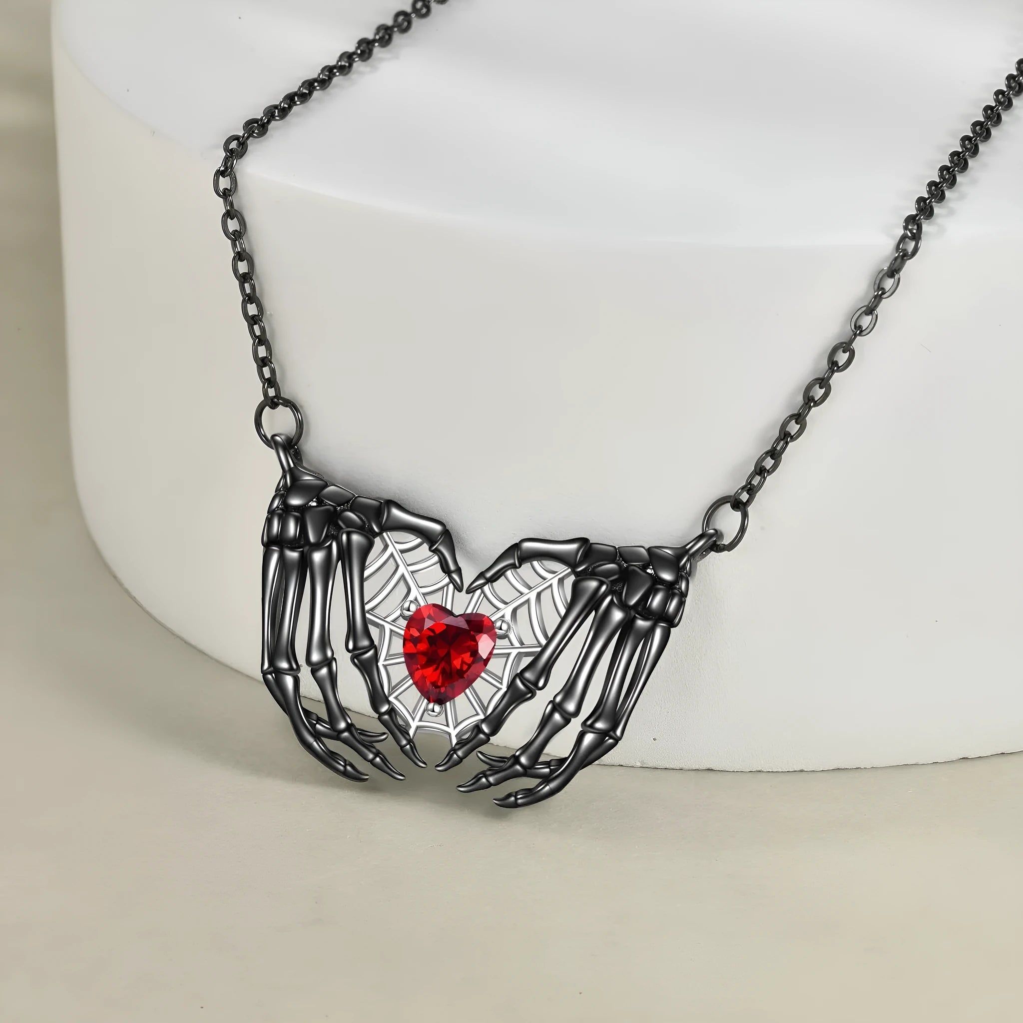 Dark red love ghost claw heart-shaped copper pendant necklace on adjustable O-ring chain