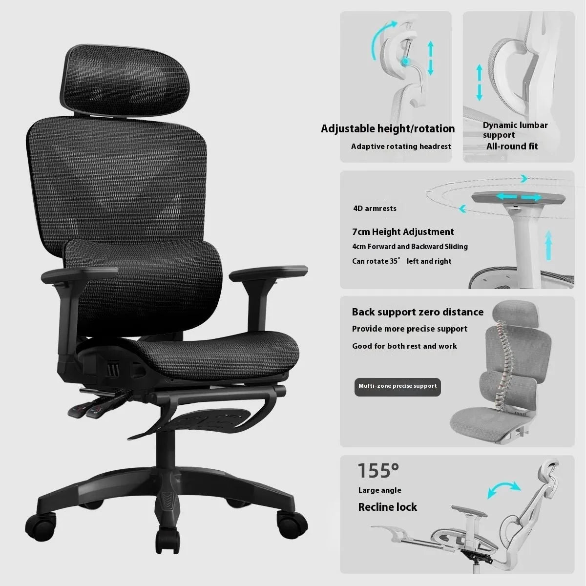 Ergonomic gaming chair with black frame, mesh seat, 4D adjustable armrests, and footrest on a neutral background