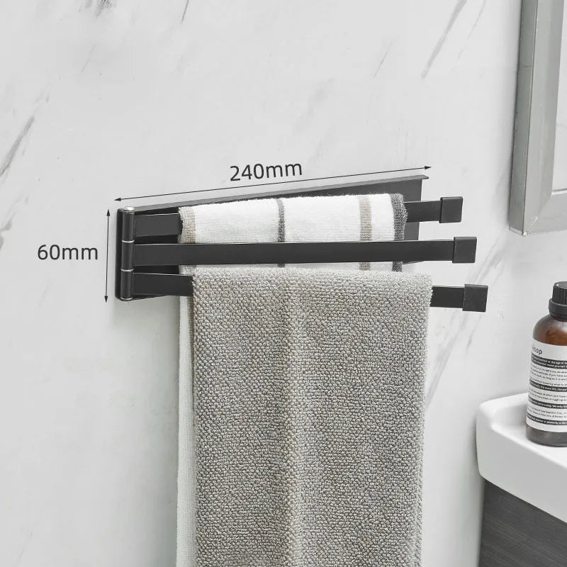 Black folding towel bar with no-drill installation for bathroom towel storage