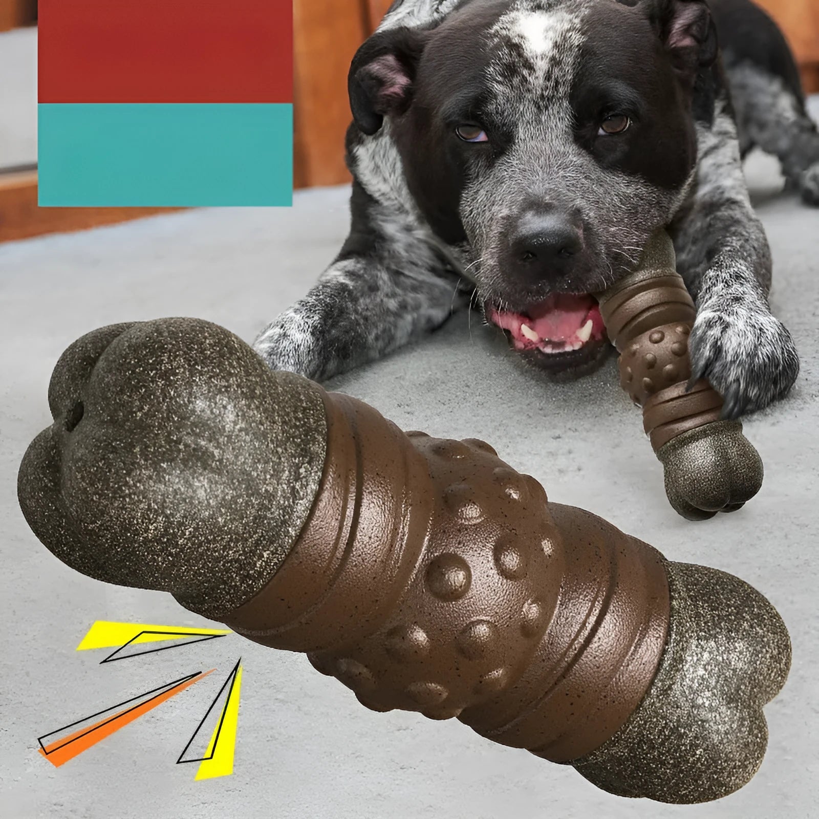 Wood colour plastic dog toothbrush toy with textured molar rod for dental cleaning