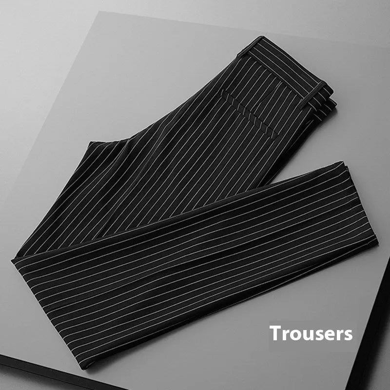 Men's thin striped loose suit pants in black and white, showing trousers style and crop jeans options