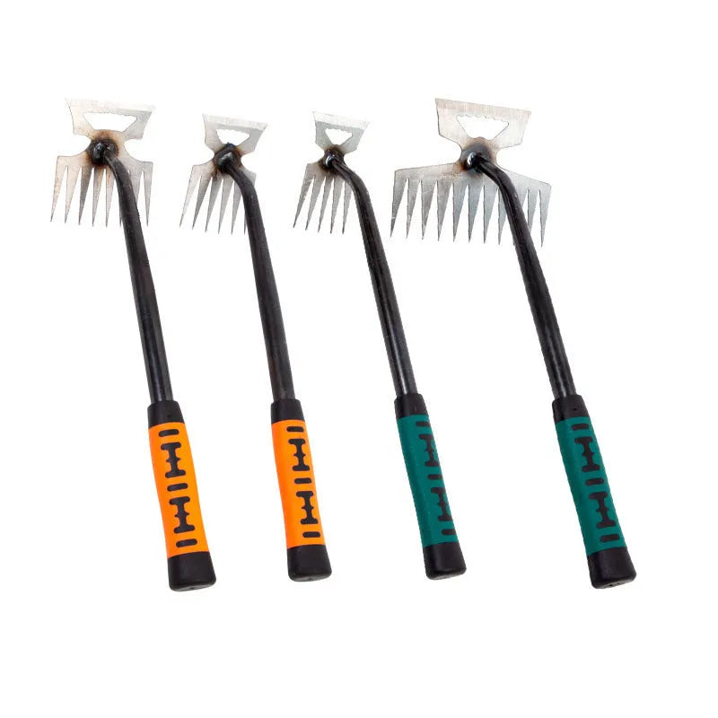 Weeding artifact rake with carbon steel 5 teeth head and green steel handle for garden soil turning