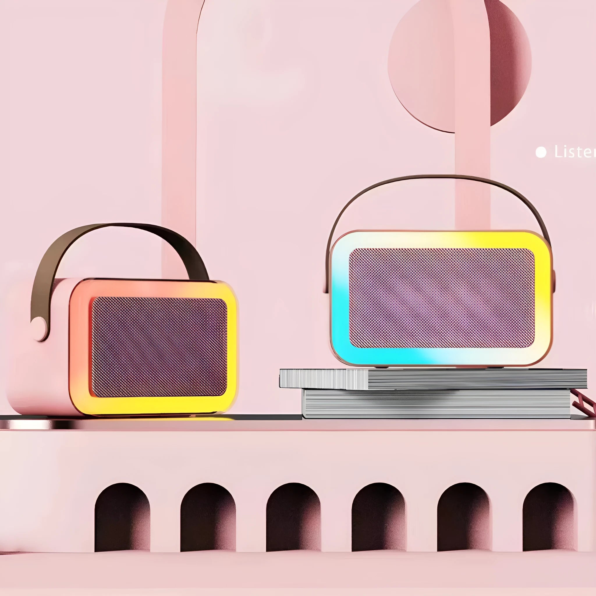 Pink, sky blue, and white portable Bluetooth karaoke microphone speaker with coloured lights.
