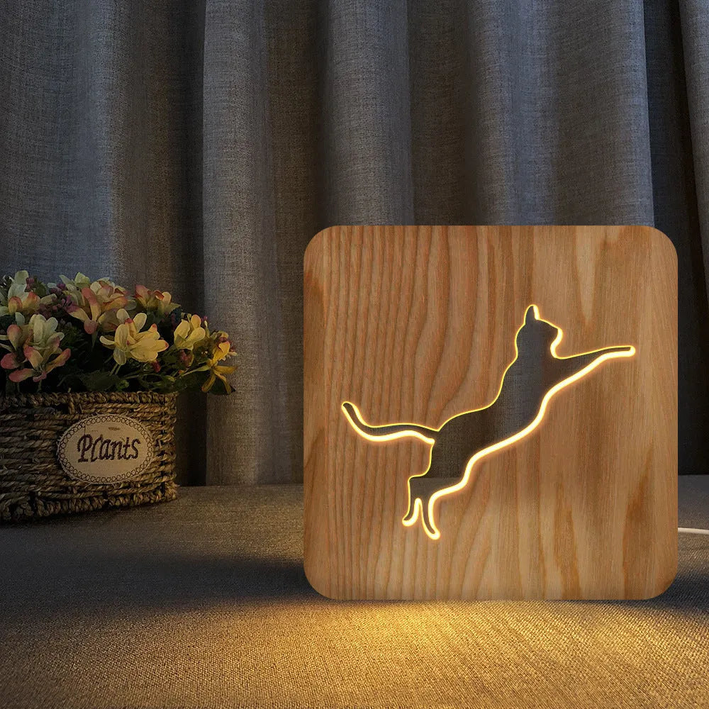 Solid wood hollow 3D cat silhouette night light with USB power cable