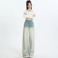 Women's gradient blue straight-leg denim pants, wide leg, cotton fabric, front view