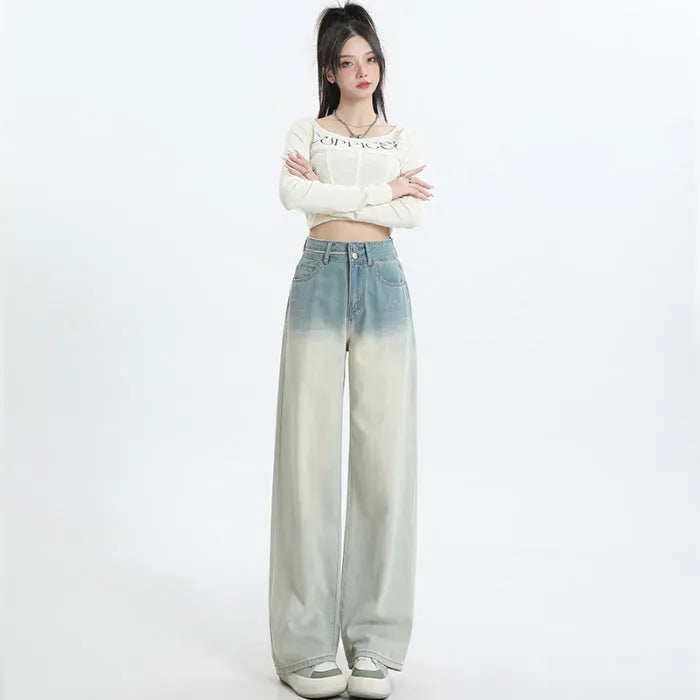 Women's gradient blue straight-leg denim pants, wide leg, cotton fabric, front view