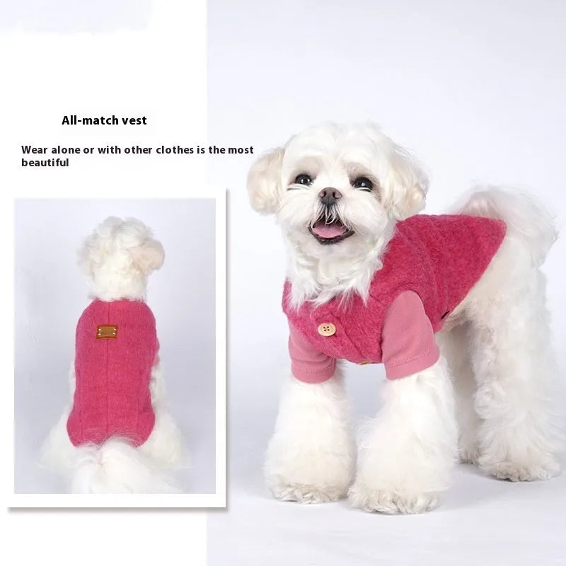 Casual cotton knitted vest for small dogs in blue, red, or yellow, showing front view.