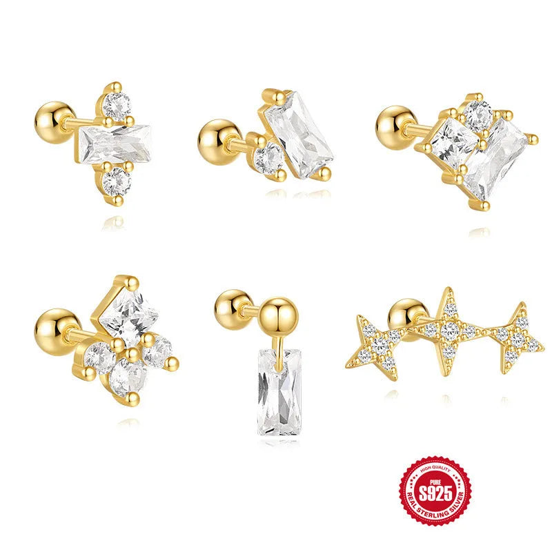 S925 sterling silver flower stud earrings with square gravel setting in golden electroplated finish