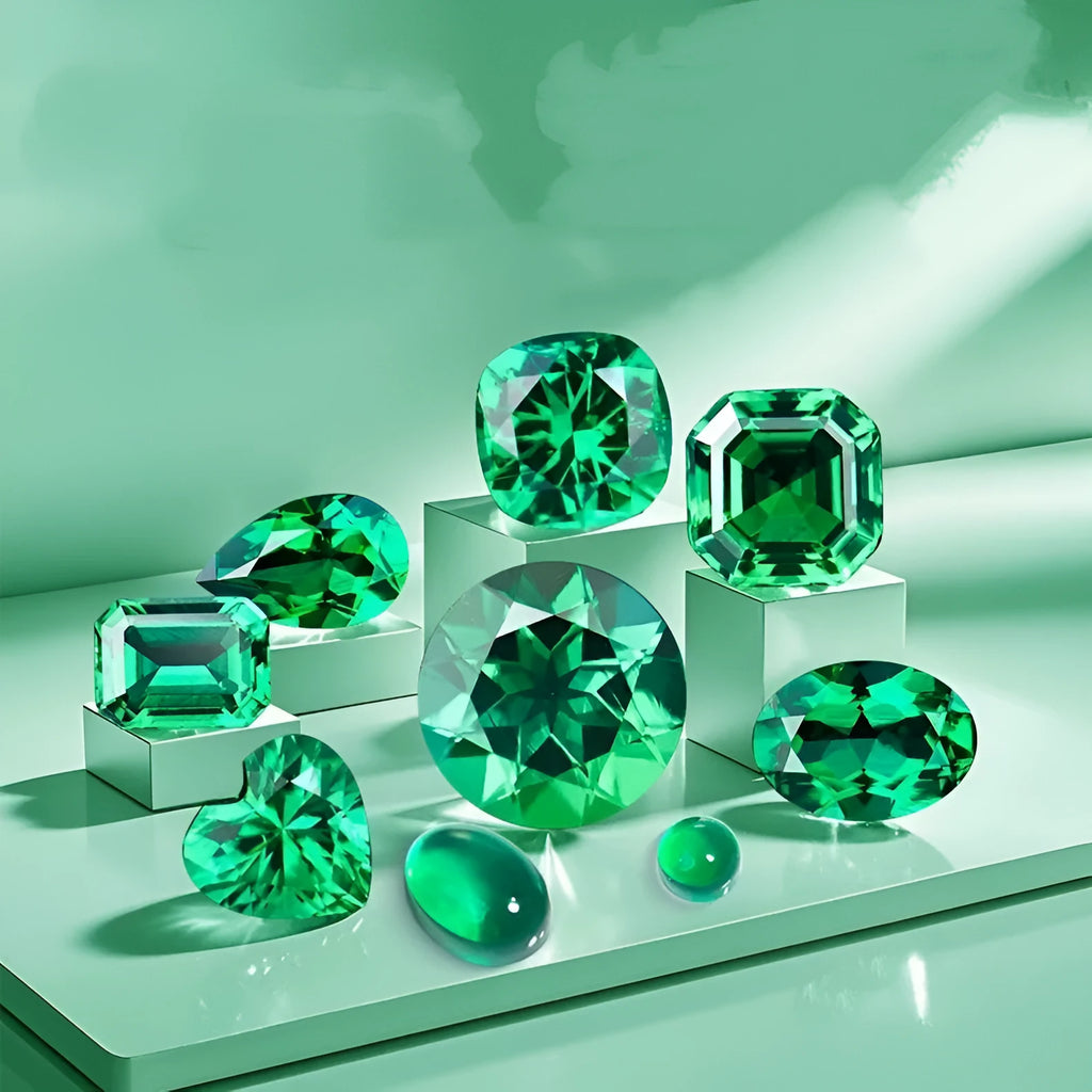 Cultivated emerald gemstone in Columbia green treasure colour showing round and grandmother cut sizes