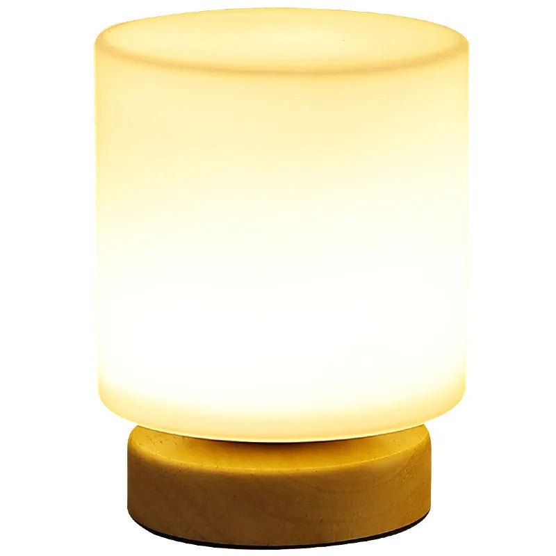 Nordic style wooden USB table lamp with flower-shaped base and cylindrical lamp head