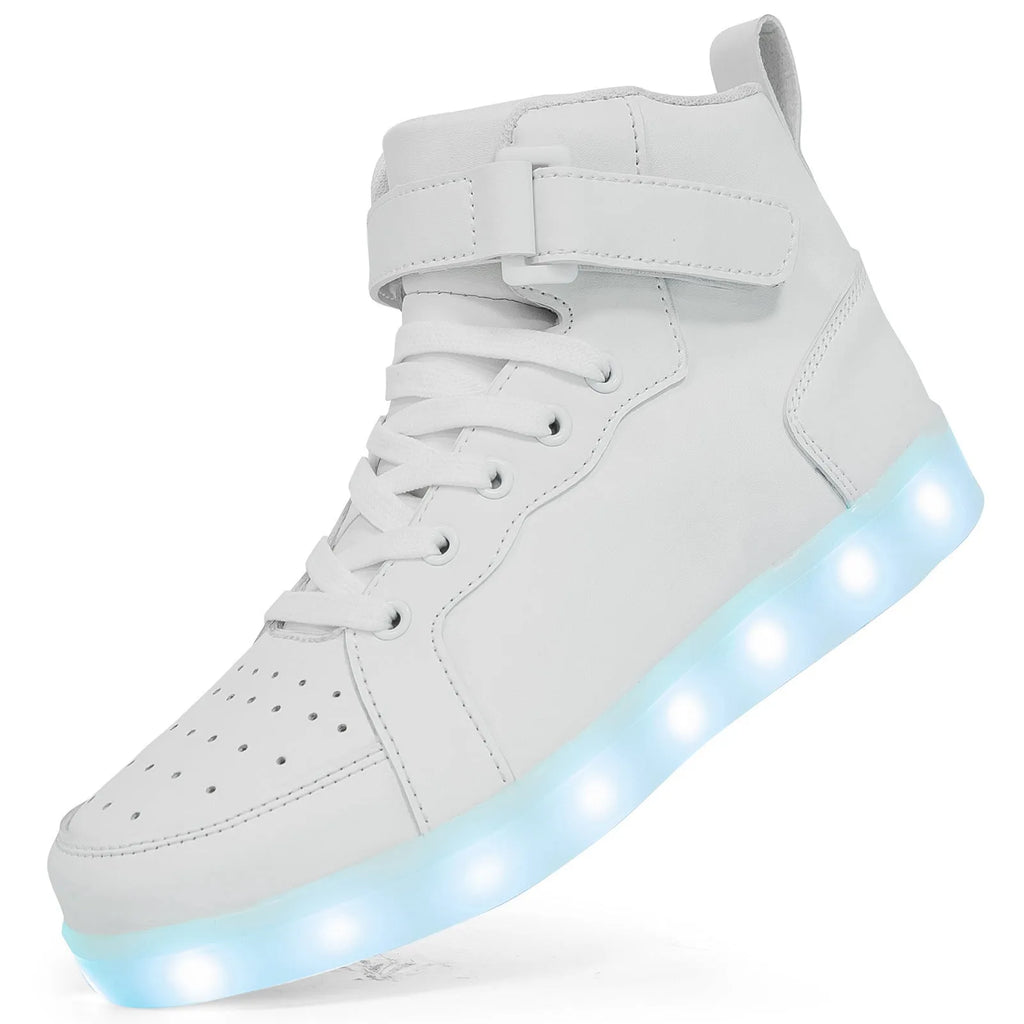Black high-top LED sneakers with Velcro strap and lit-up soles on a dark background.