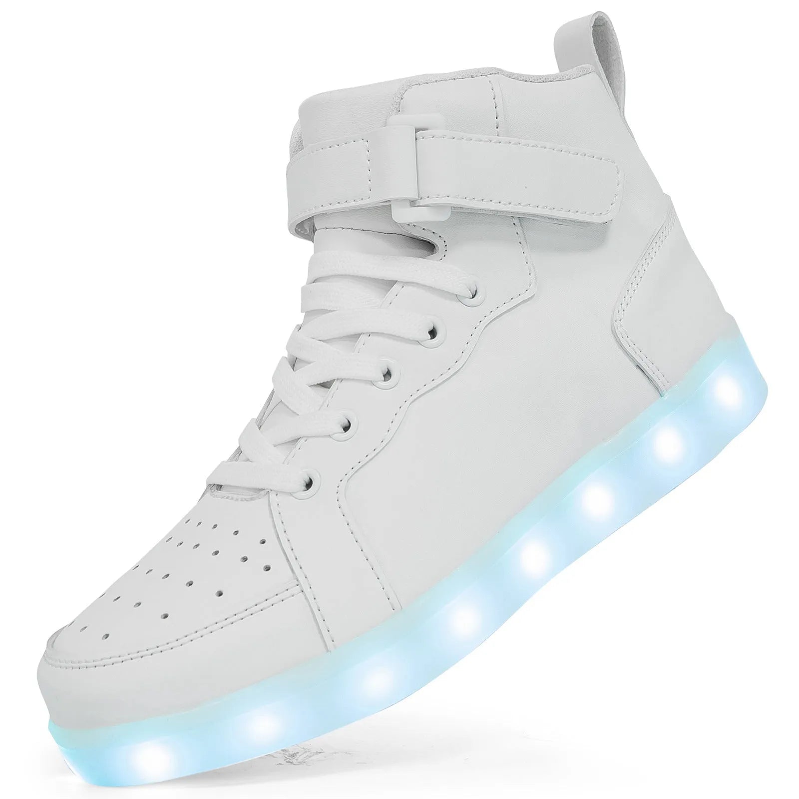 Black high-top LED sneakers with Velcro strap and lit-up soles on a dark background.