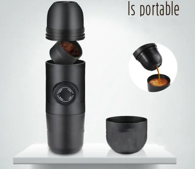 Black portable manual coffee machine measuring 6×17.5cm with stainless steel components