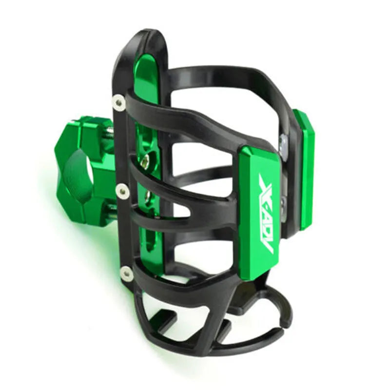 Black water bottle cage mounted on Honda scooter bumper with hydration bottle