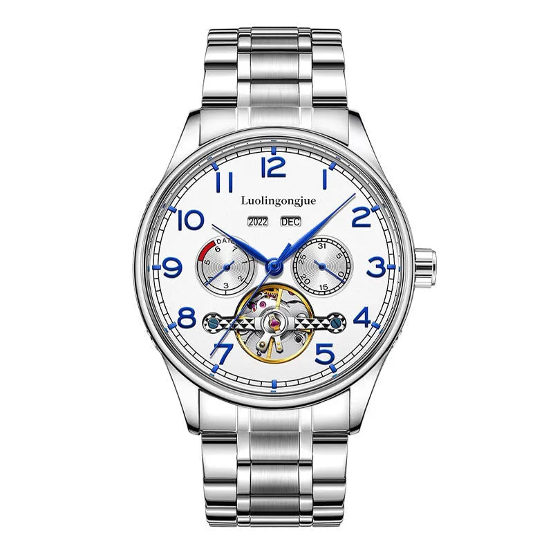 Men's stainless steel mechanical watch with sapphire crystal glass and leather strap on wrist