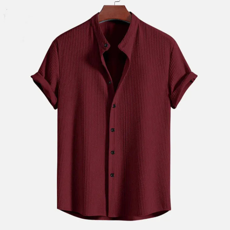 Men's loose fit short sleeve polyester shirt in multiple colour options including wine red, dark green and light blue