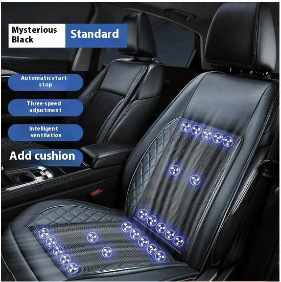 Car ventilation cushion with fan in black fabric, 12V model with 8 fan vents on car seat