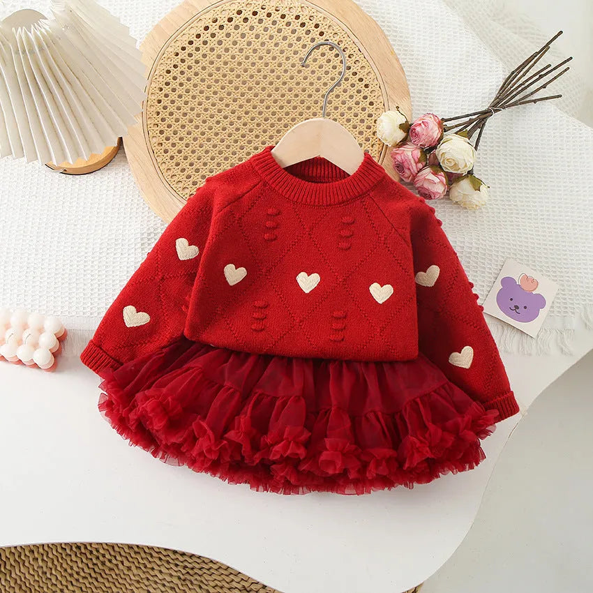 Girl's love embroidered knitted top and skirt set in white top with wine red dress, pullover style