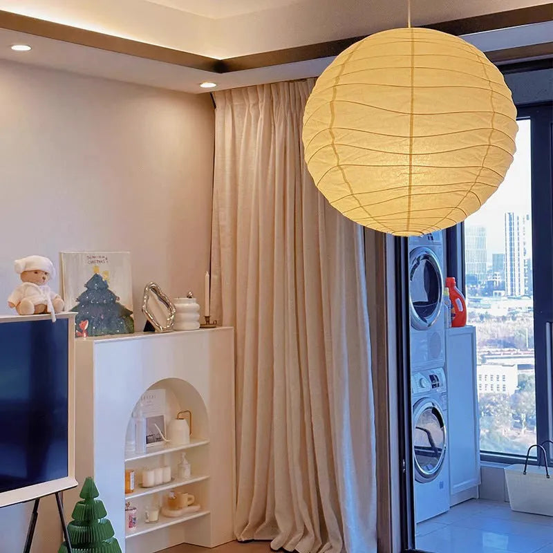 Japanese-style rice paper ball pendant chandelier with dimmable light.