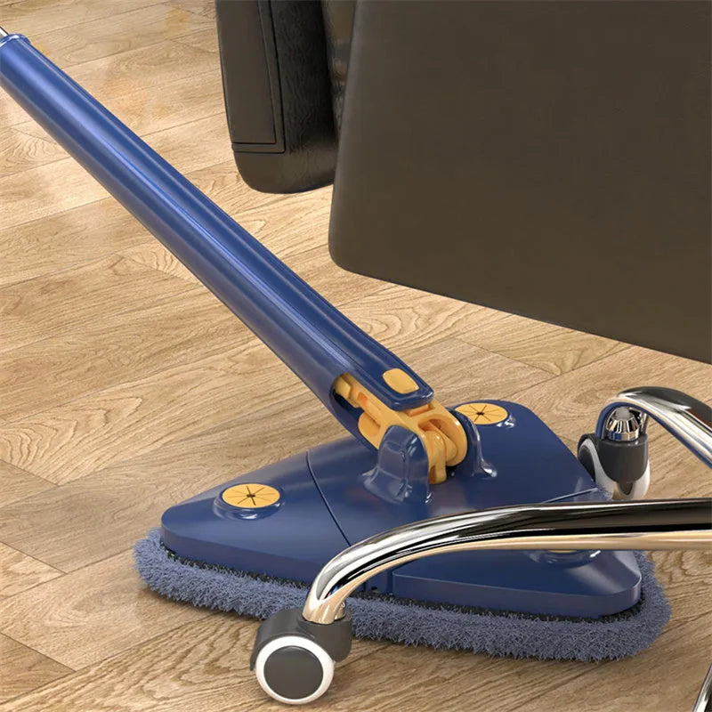 Blue triangle cleaning mop with rotating head and extendable stainless steel pole on a tiled floor