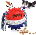 Blue and red 4.25 inch diameter dog ball toy with treat dispenser hole and surface texture for aggressive chewers