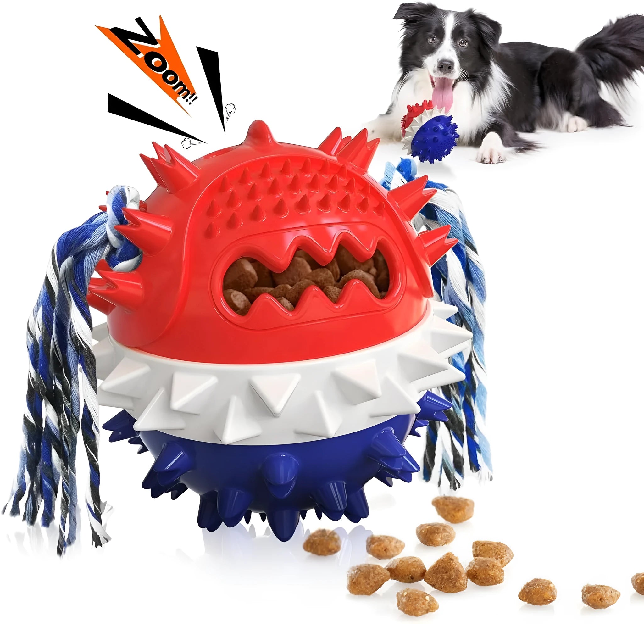 Blue and red 4.25 inch diameter dog ball toy with treat dispenser hole and surface texture for aggressive chewers