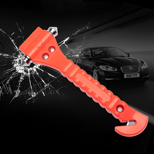 Red car emergency safety hammer with window breaker tip and seatbelt cutter blade