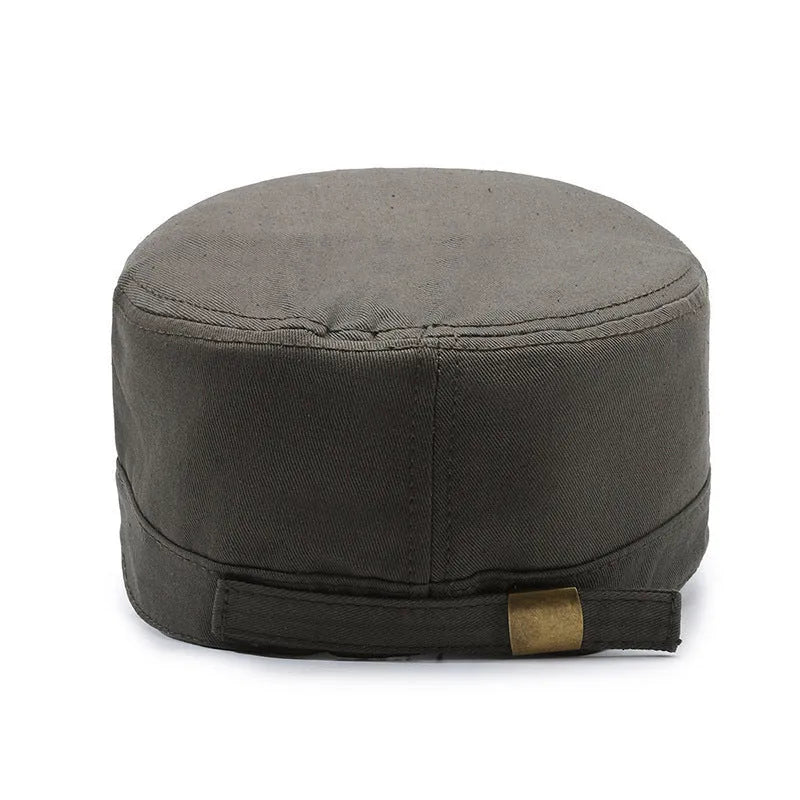Men's flat-top peaked cap in cotton, shown in army green colour with an adjustable strap.