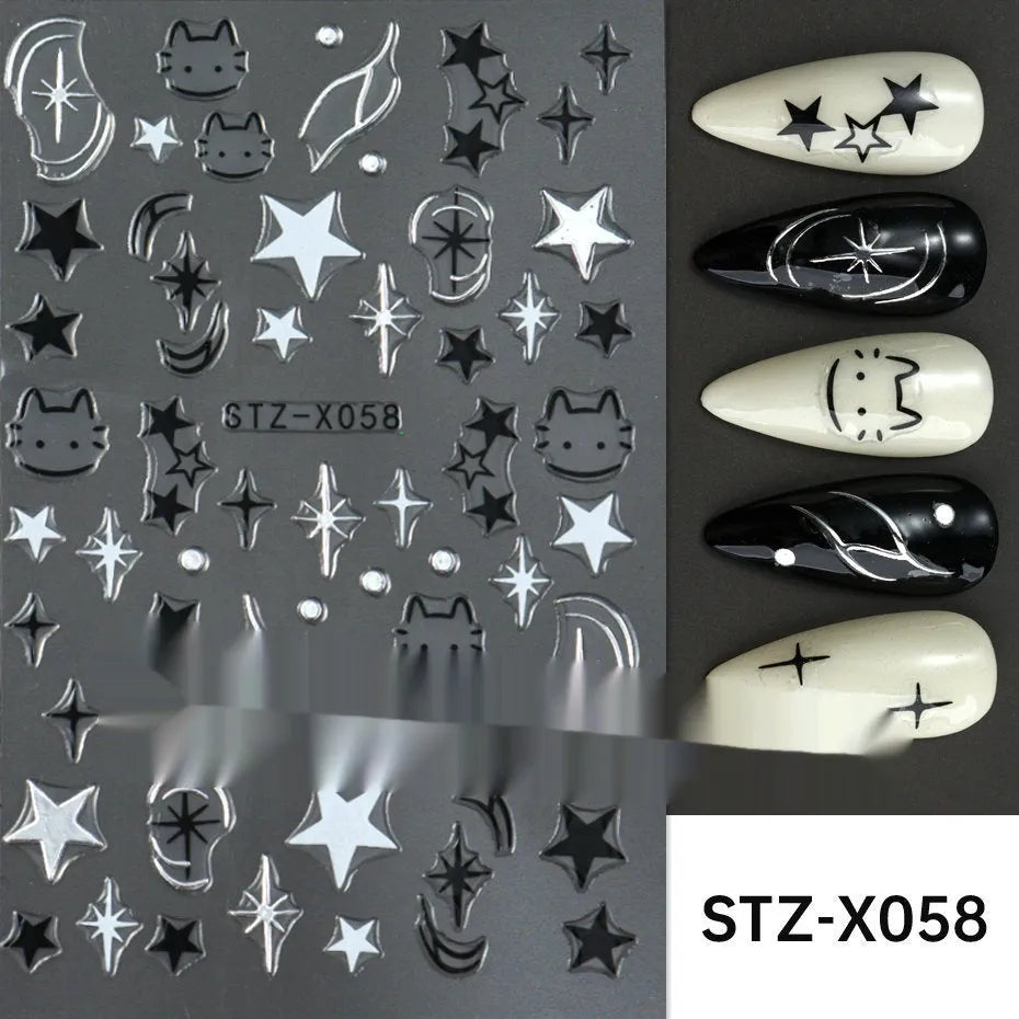 Black and silver stripe nail art sticker with a love pattern design on a plastic sheet.