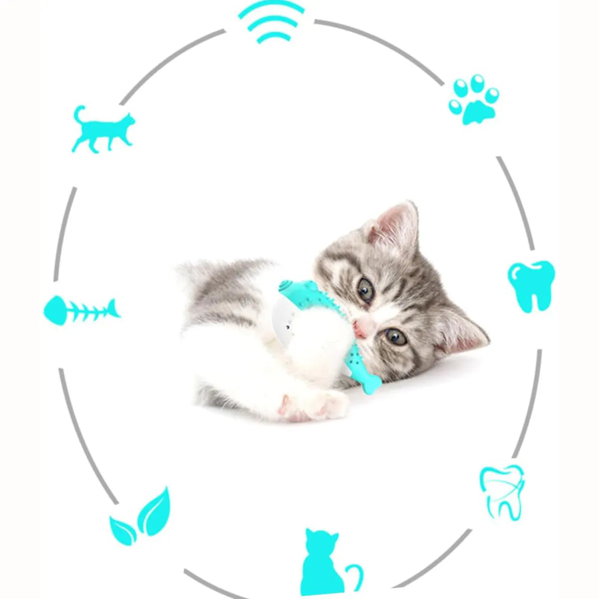 Blue silicone fish-shaped cat chew toy for grabbing and playing