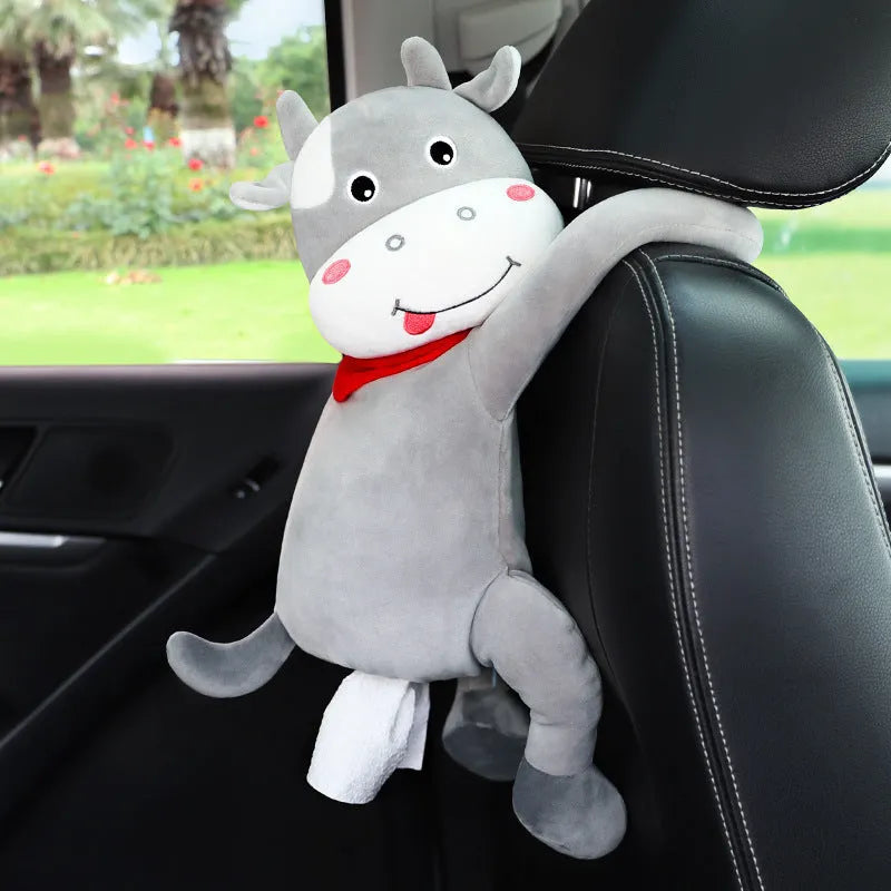 Soft plush car seat back tissue box holder with cute animal design