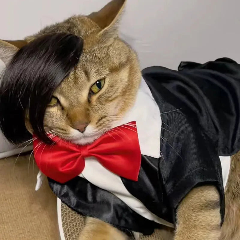 Black polyester fox costume wig with braided detail for cats