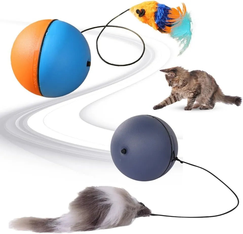 Blue and orange automatic rolling cat ball toy with self-activated motion for indoor pet play