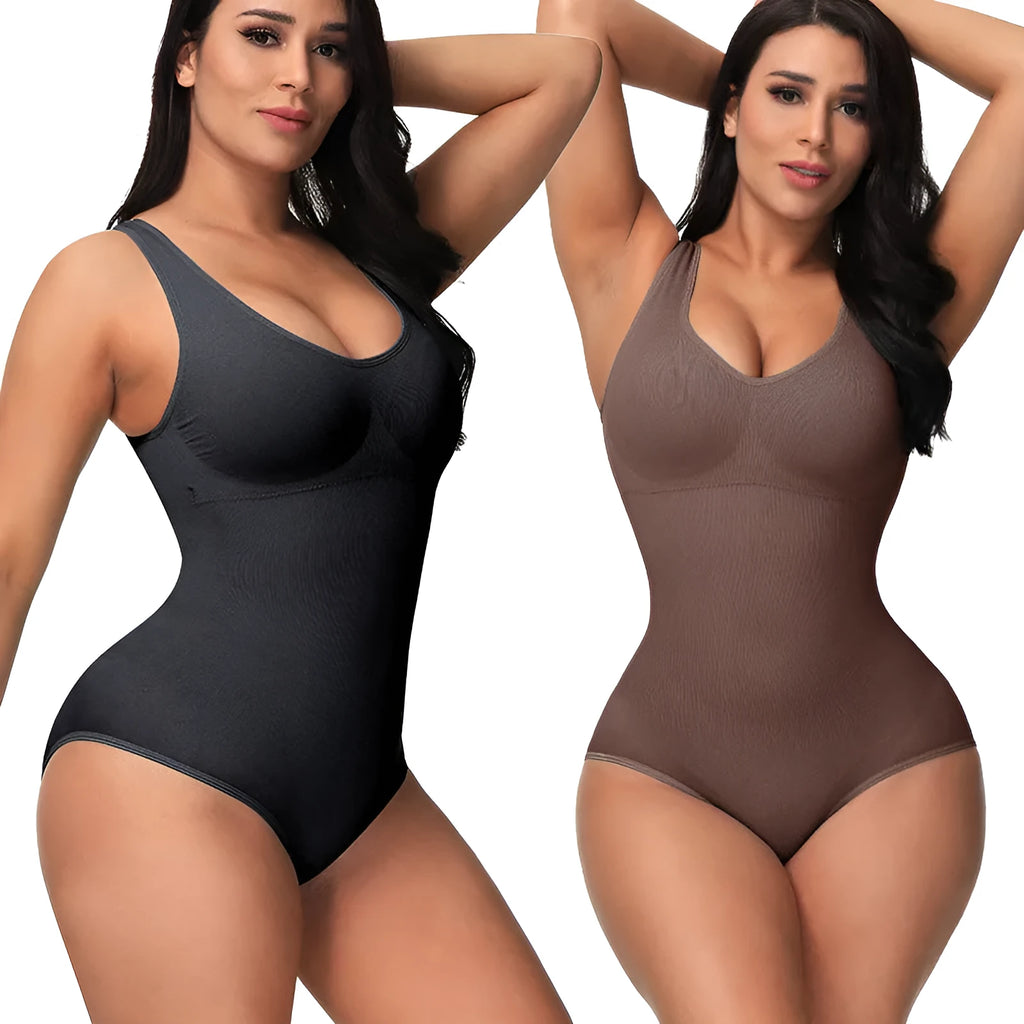Seamless nylon bodysuit corset for women in apricot colour on size chart