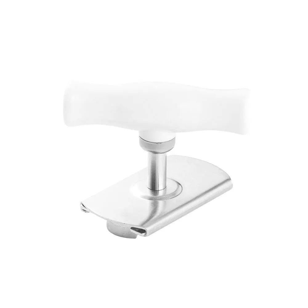 White stainless steel adjustable bottle cap opener with PP handle showing gear mechanism