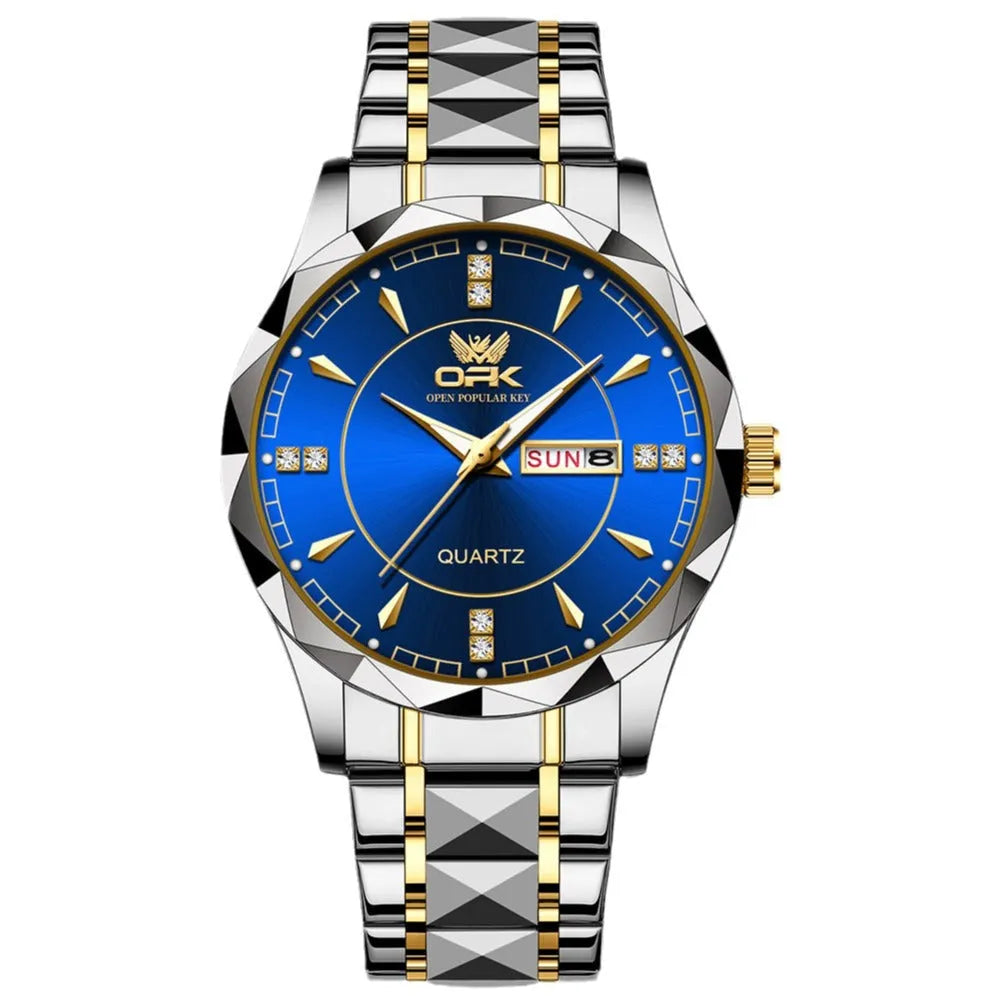 Round stainless steel men's watch with double calendar display on white background