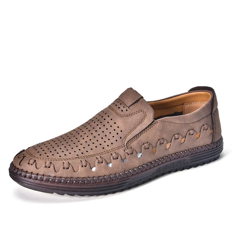 Men's brown slip-on casual shoes with round toe and hollowed-out pattern detailing